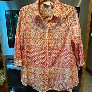 Chico's Print Button Up Lightweight 3/4 Length Sleeve Top Orange 2 (L-12)
